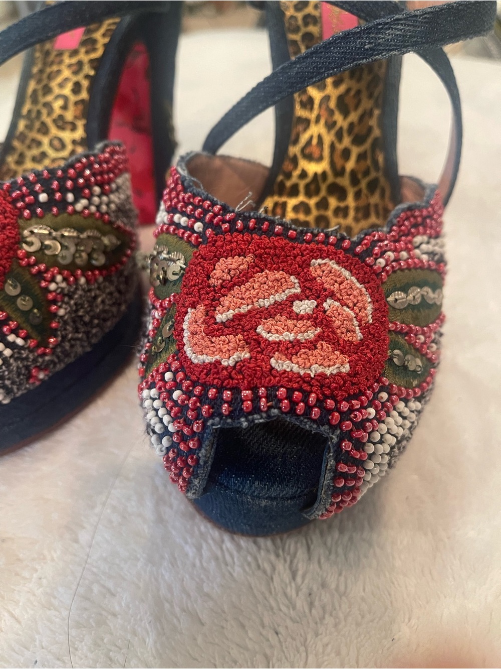 Vintage Betsey Johnson. Denim and beaded peep-toe platform. - Picture 7 of 9